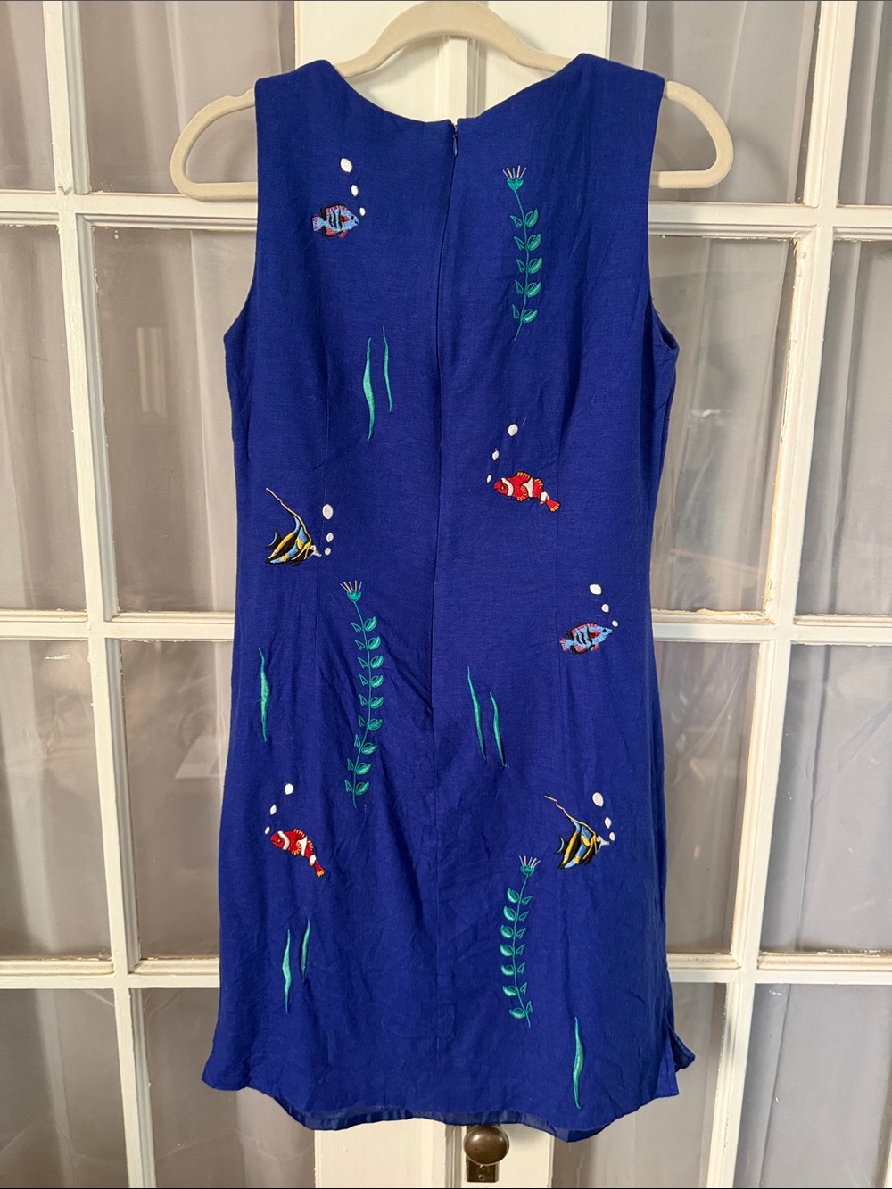Vintage Royal Blue Embroidered Fish Linen Blend Shift Dress Size 6 - Picture 7 of 8